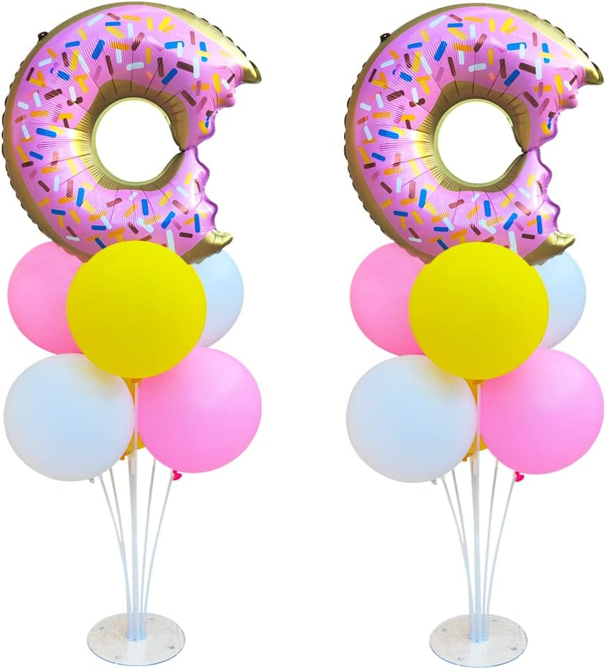 Donut Table Centerpiece Balloons Stand Kit 2 Sets with 2 Doughnut Foil Balloons