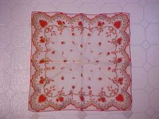 Vintage Hanky w/ Red Valentine Hearts w/ Ribbons and Gold Detailing 85107