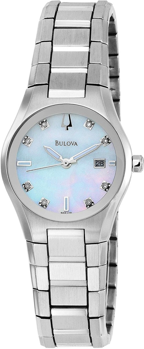 Bulova 96P108 8 Diamonds Silver Tone White Mother of Pearl