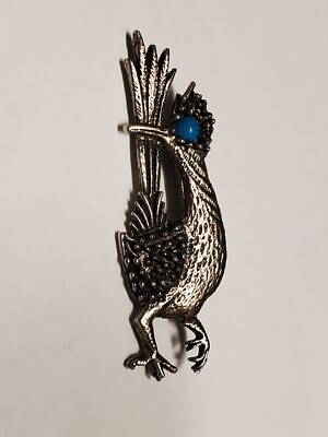 Vintage Signed Ambassador Bird Brooch Silver Tone Green/Blue Stone