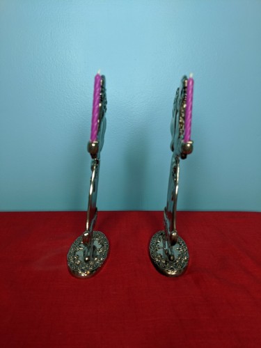 Set of 2 Antique Look Silver Plated Father Christmas Santa Claus Candle Holders - Picture 7 of 10