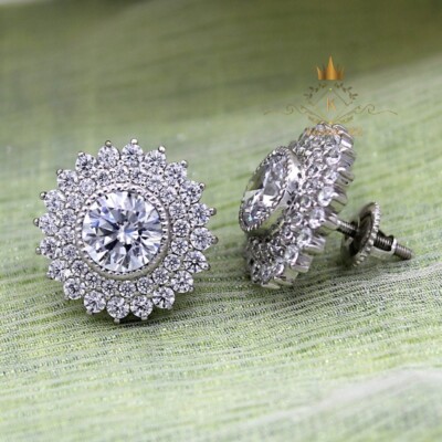 Solid 14K White Gold Moissanite Double Halo Stud Earrings 3 Carat Round Cut VVS1