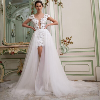 knee length dresses for ladies Short Mini Satin Wedding Dresses Off The Shoulder With Detachable Trai –  TANYA BRIDAL