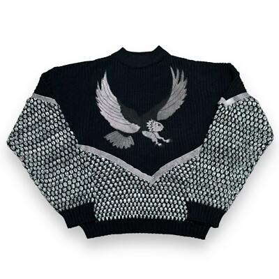 Damen Vintage Street Scenes Pullover XL Acryl mit Leder Patch 90 s Adler 