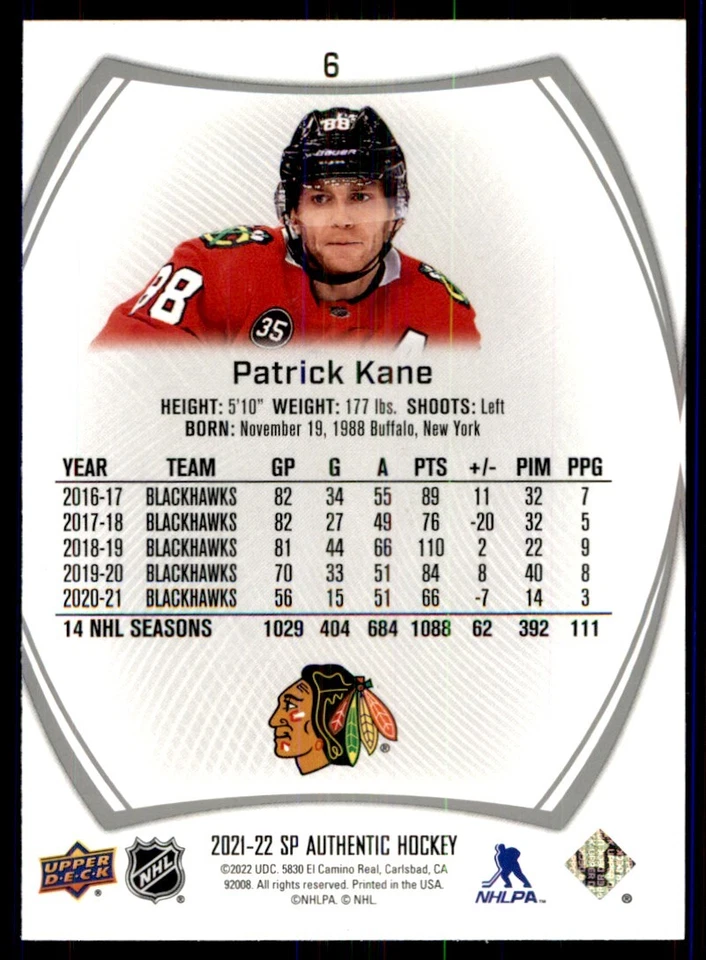 2021-22 SP Authentic Patrick Kane Chicago Blackhawks #6 - Image 2 of 2