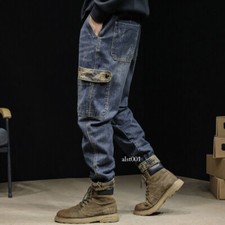 Men's Casual Tapered Jeans Distressed Denim Pants Cargo Pockets Trousers Retro