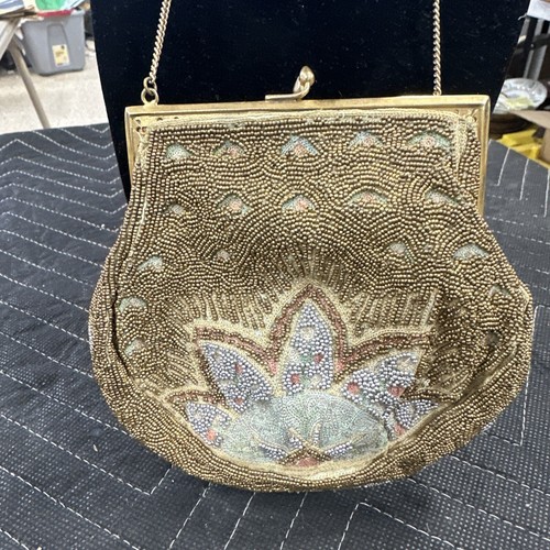 Antique  Evening Bag Hand Made Beaded Purse, Gold tones, UnBranded W/mirror