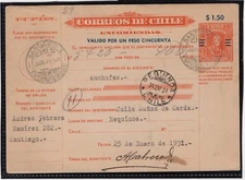 Chile 1930 Boletín de Encomienda Parcel post 1.5p Lastra Overp. to Requinoa USED
