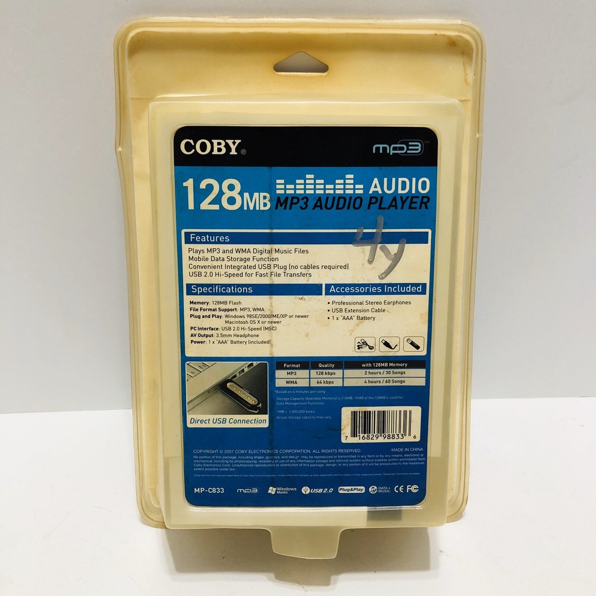 New Coby 128MB USB Digital MP3 Player MP-C833 Audio Player Holds