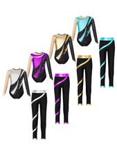 Kids Girls Set Jumpsuit Dancewear Jazz Outfits Round Neck Leotard Long Sleeve