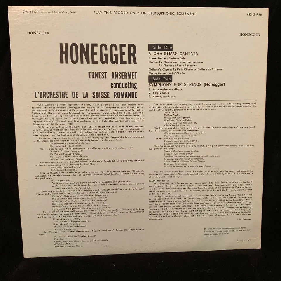 LONDON BLUEBACK OS 25320 - HONEGGER Cantata & String Symphony - ANSERMET - ST LP - Image 2 of 4
