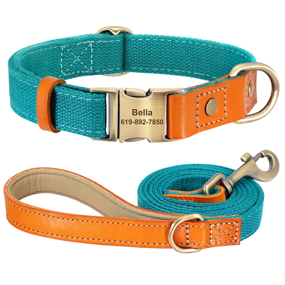 2022 Nylon Custom Dog Collar Leash Set Personalised Genuine Leather Accessories - Image 2 of 4