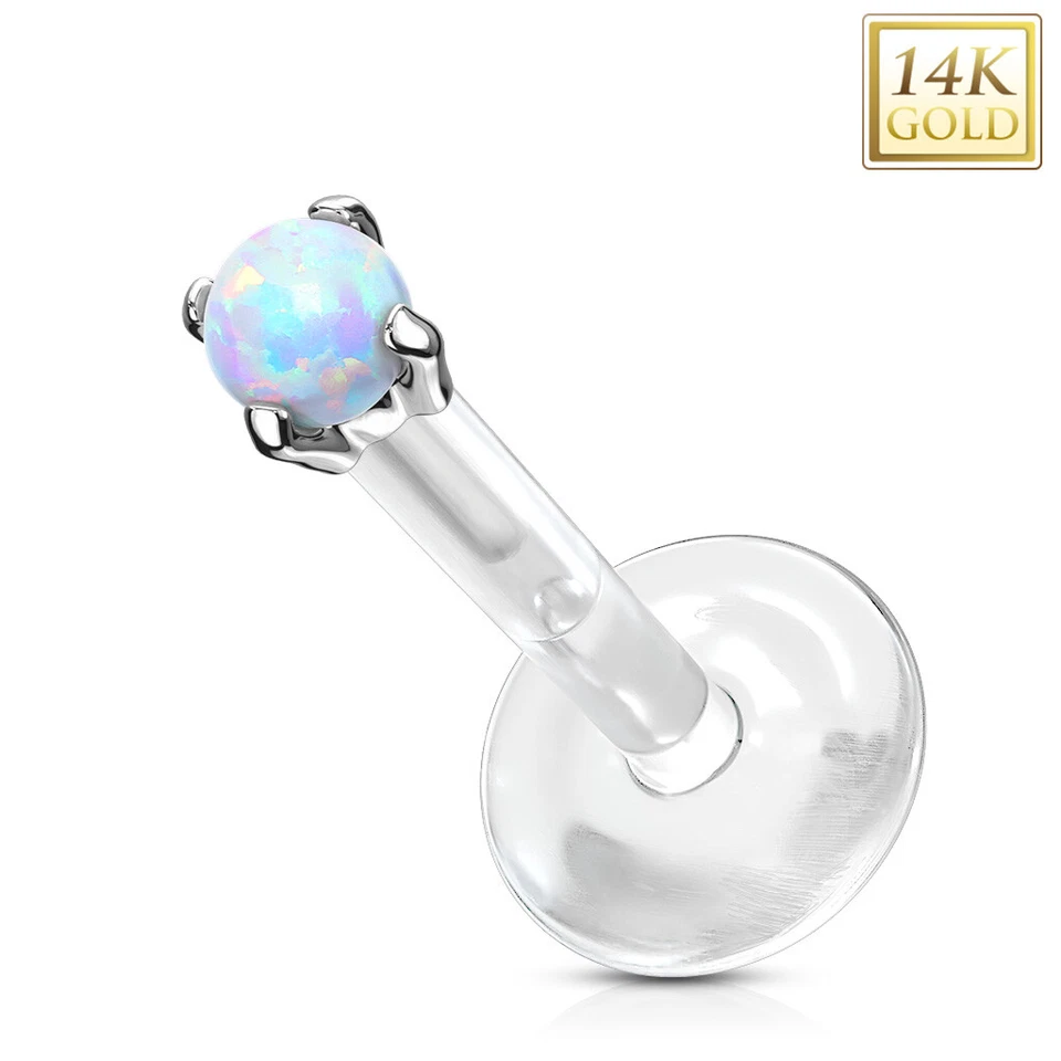 14K Solid Gold Opal Prong Set Bio-Flex Labret Ear Cartilage Helix Piercing 16G - Image 4 of 4