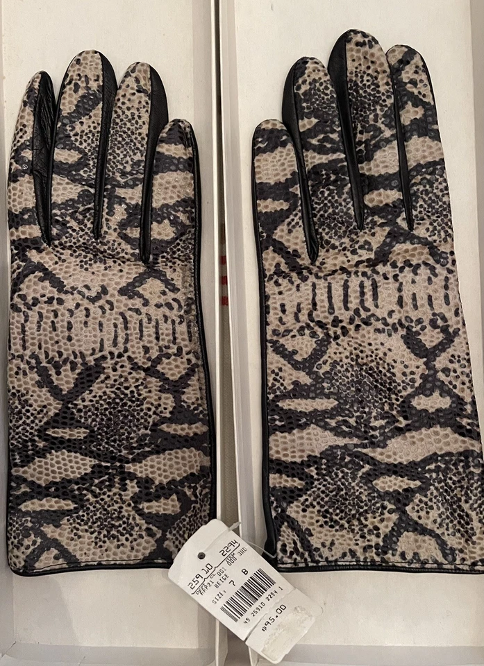 NUEVO CON ETIQUETAS DE COLECCIÓN Guantes de Dama Marshall Field's Piel de Serpiente Negro y Cuero Talla 7 Forrados de Seda Foto 2 de 4