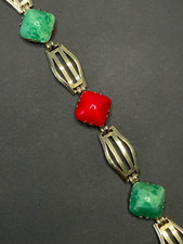 Vintage Armband Golddoublé Glassteine rot grün Design Mid-Century Double Punze