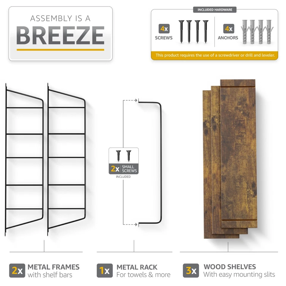 Sorbus浮动浴室架带金属支架(3层) — 第 4/4 张图片