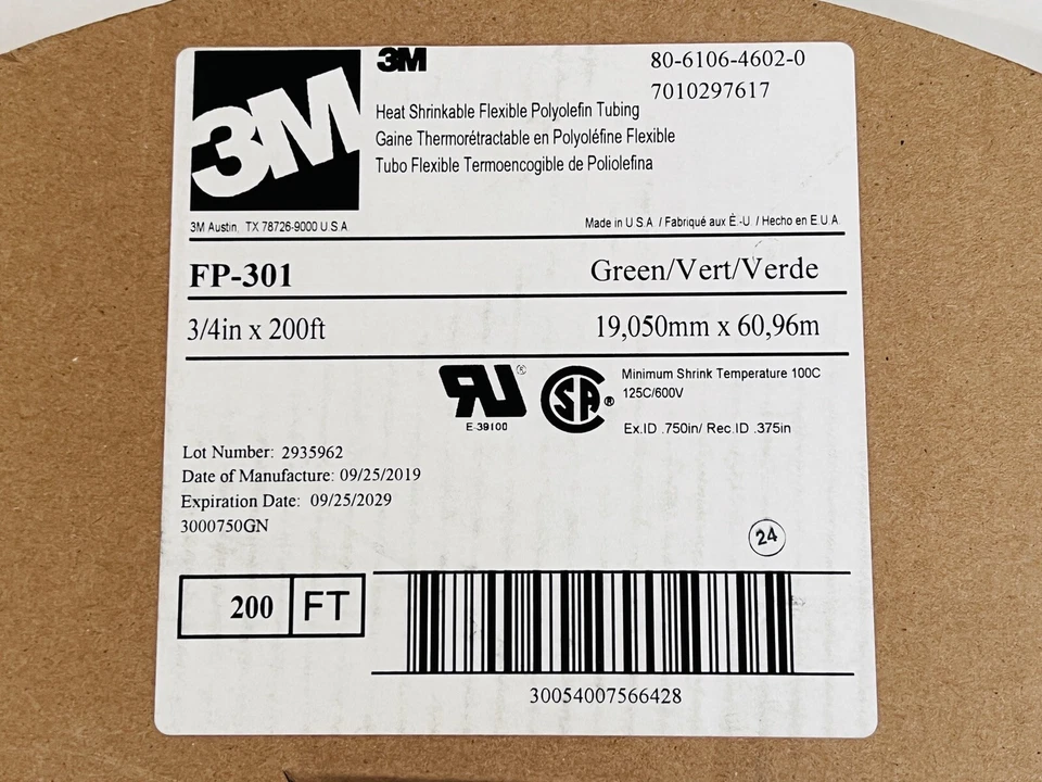 Tubo termorretráctil de pared delgada verde 3M FP-301 (3/4 pulgadas x 200' pies) hecho en EE. UU. Foto 3 de 4