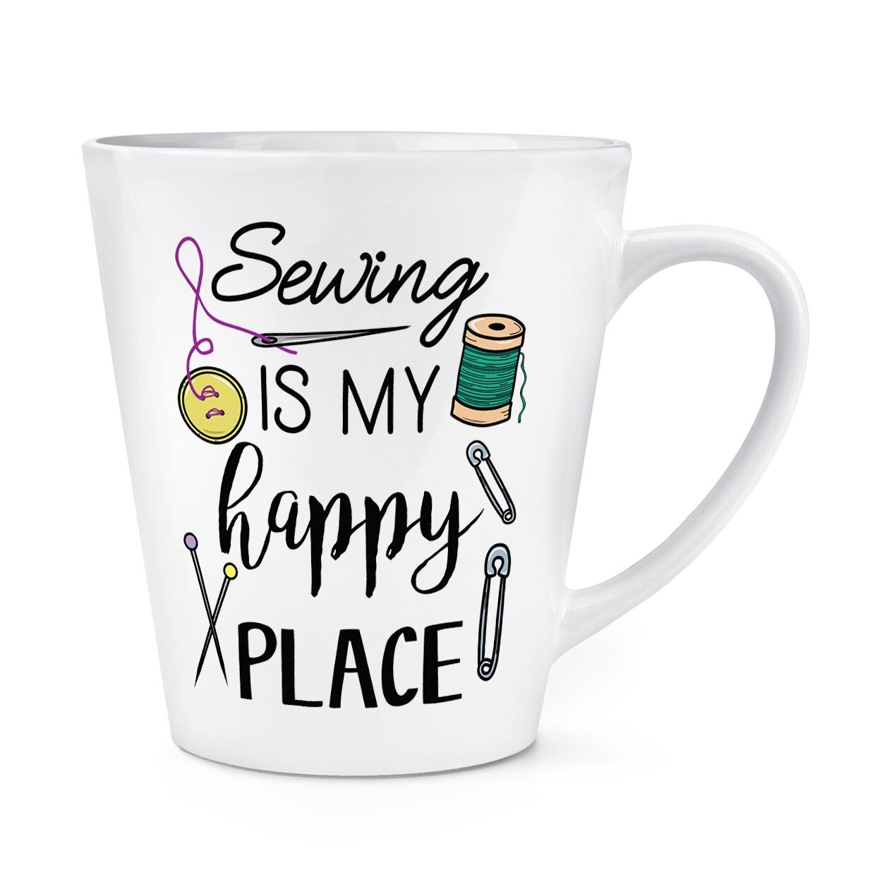 Sewing Is My Happy Place 12oz Latte Mug Cup Sewer Knitting Knitter Grandma Mum