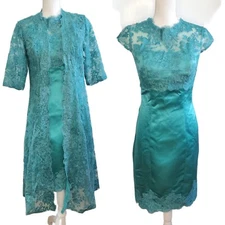 Size 4 Teal Lace Knee Length 2 Pc Duster Dress Satin Mother Of Bride Formal