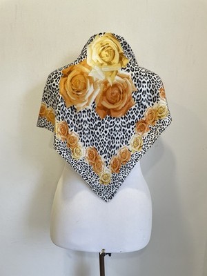 H74# Floral Rose Leopard Print Scarf Yellow Orange Square Vintage Foulard