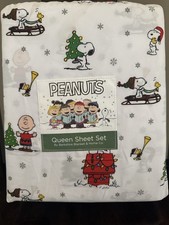 NEW Berkshire PEANUTS Sheet Set 4pc QUEEN, Snoopy Doghouse With Christmas Lights