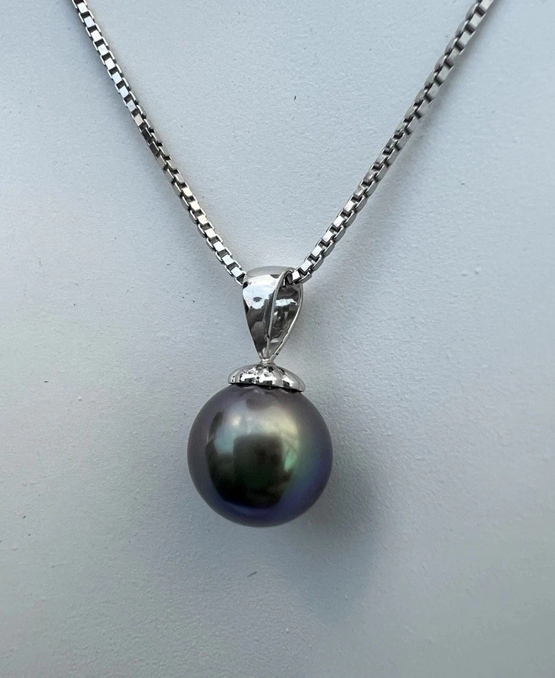 Collar de perlas negras colgante de perlas naturales de Tahití AAA 10 MM cadena de plata 925 Foto 2 de 4