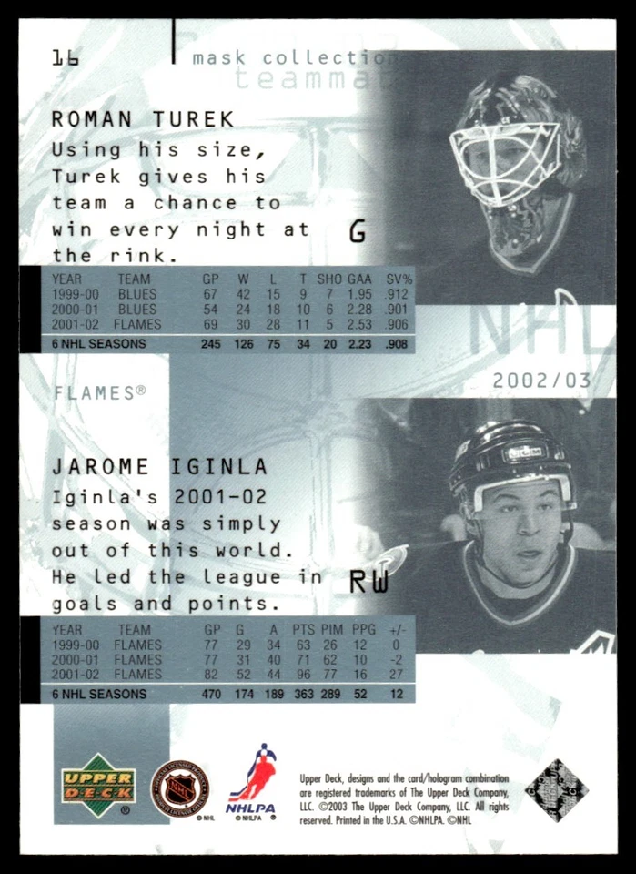 2002-03 Upper Deck Mask Collection Jarome Iginla/Roman Turek Calgary Flames #16 - Image 2 of 2