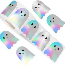 500Pcs Halloween Ghost Stickers Roll, 1.5 Inch Holographic Iridescent Waterproof