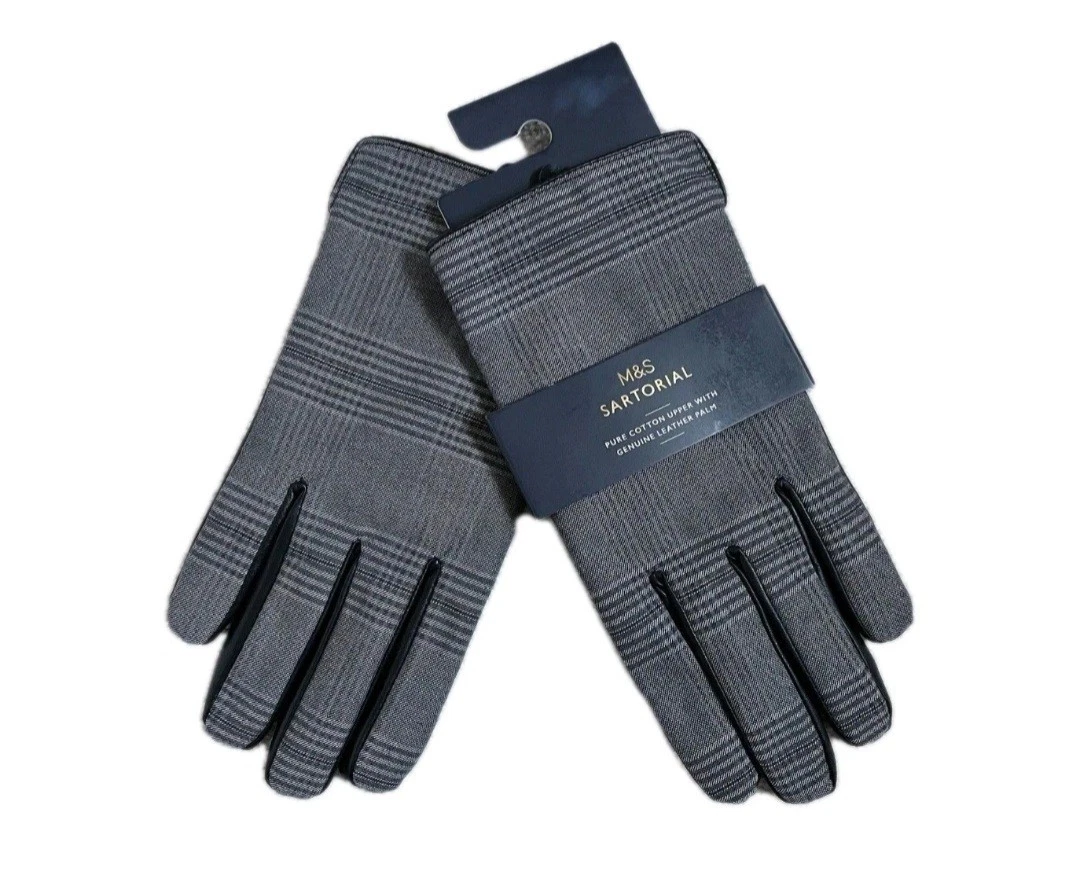 M&S Sartorial Men's Cotton Check Leather Palm Gloves Grey Size M BNWT