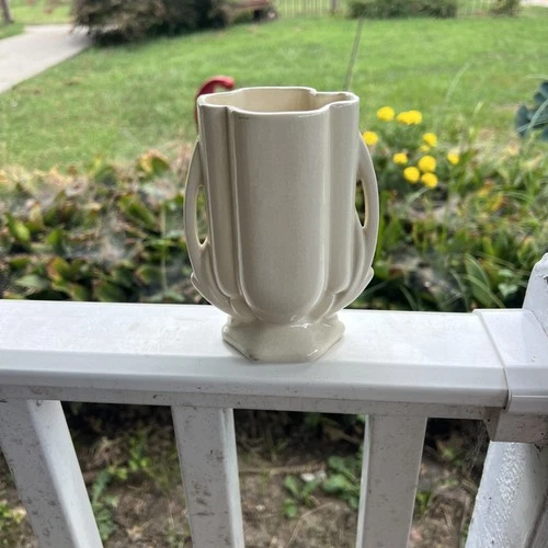 Vtg Art Pottery McCoy White Glaze Handled 5.5 in. Vase Unsigned Small crack