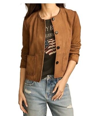 Women's Pure Suede Cognac Brown Cropped Jacket 4 Button Coat with Patch Pockets