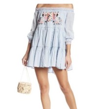 Free People Blue Embroidered Sunbeams Off Shoulder Boho Babydoll Dress Small
