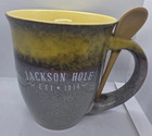 JACKSON HOLE WYOMING EST 1914 MUG 18 OZ CUP W/SPOON GREEN GRAY YELLOW 4.75"TALL — photo 1