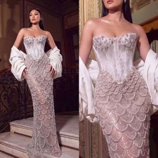 Exquisite Mermaid Prom Dresses Strapless Lace Sequins Rhinestone Evening Gowns