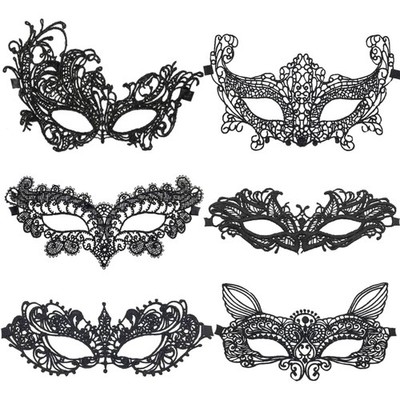Halloween Gothic Maskerade Spitzen-Augenmasken Set, 6 Stück Schwarz