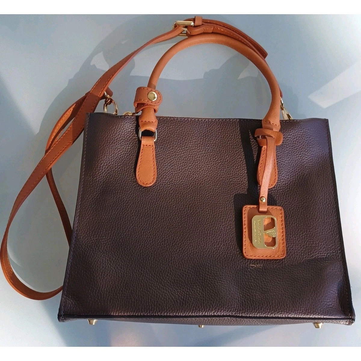 Valentina made in Italy Taupe and Black Leather Top Handle Satchel Tote EUC Valentina Leather Exterior Satchel/Top Handle Bag Handbags  main image 4