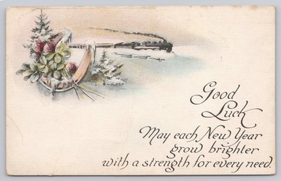 Vintage 1918 New Year Good Luck Postcard with Train & Horseshoe