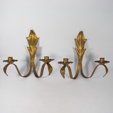 COPPIA ANTICHE APPLIQUES CANDELIERI CANDELABRI DA PARETE IN FERRO DORATO W776