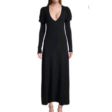 REBECCA TAYLOR Ribbed Knit V-Neck Puff Sleeves Midi Dress Stretch Black Size S