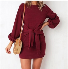 PRETTYGARDEN Women's Large 12-14 Long Sleeve Short Dress Crewneck Tie Waist NWT
