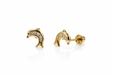 14k Yellow Gold CZ Dolphin Stud Earring