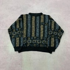 Vintage abstract knitted jumper Patterned Grandad knit sweater Men's L