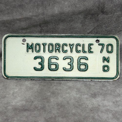 Vintage North Dakota Motorcycle License Plate 1970 ND 3636 Green White