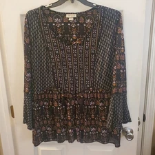 Style & Co sz 3X top black floral mix print bell slv boho peasant flowy artsy