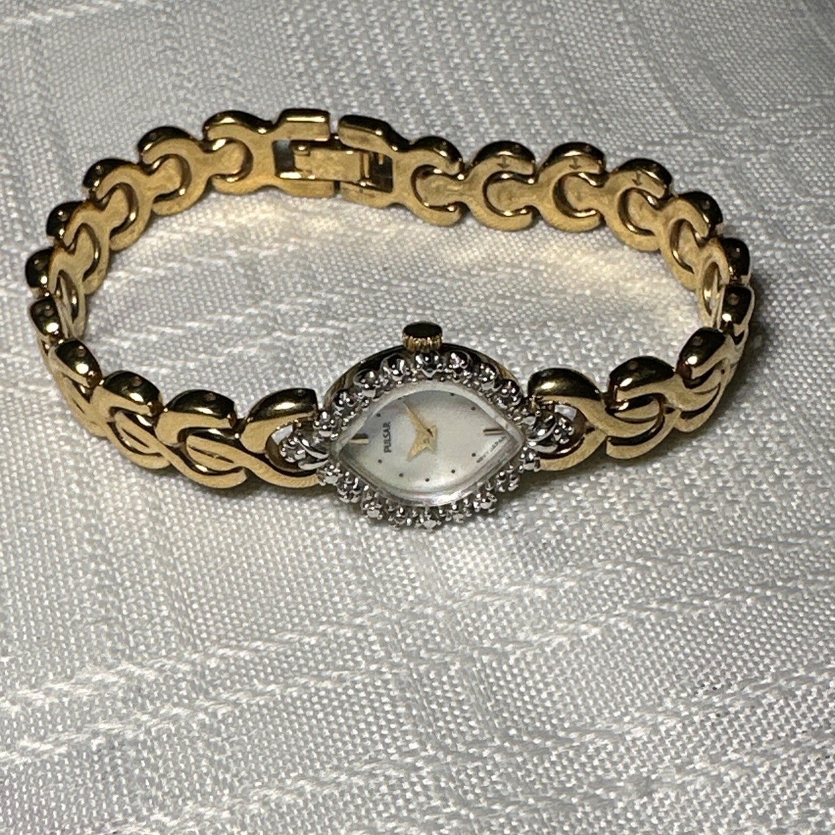 Vintage Pulsar Diamond Gemstone Mother Of Pearl silver and gold-tone Wrist Watch Her Little Watch ? | Vintage Pulsar | Gold tone | White  main image 3