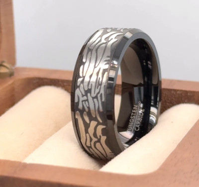 Black Tungsten Thanksgiving Present Ring Silver Carved Rock Art Pattern Ring
