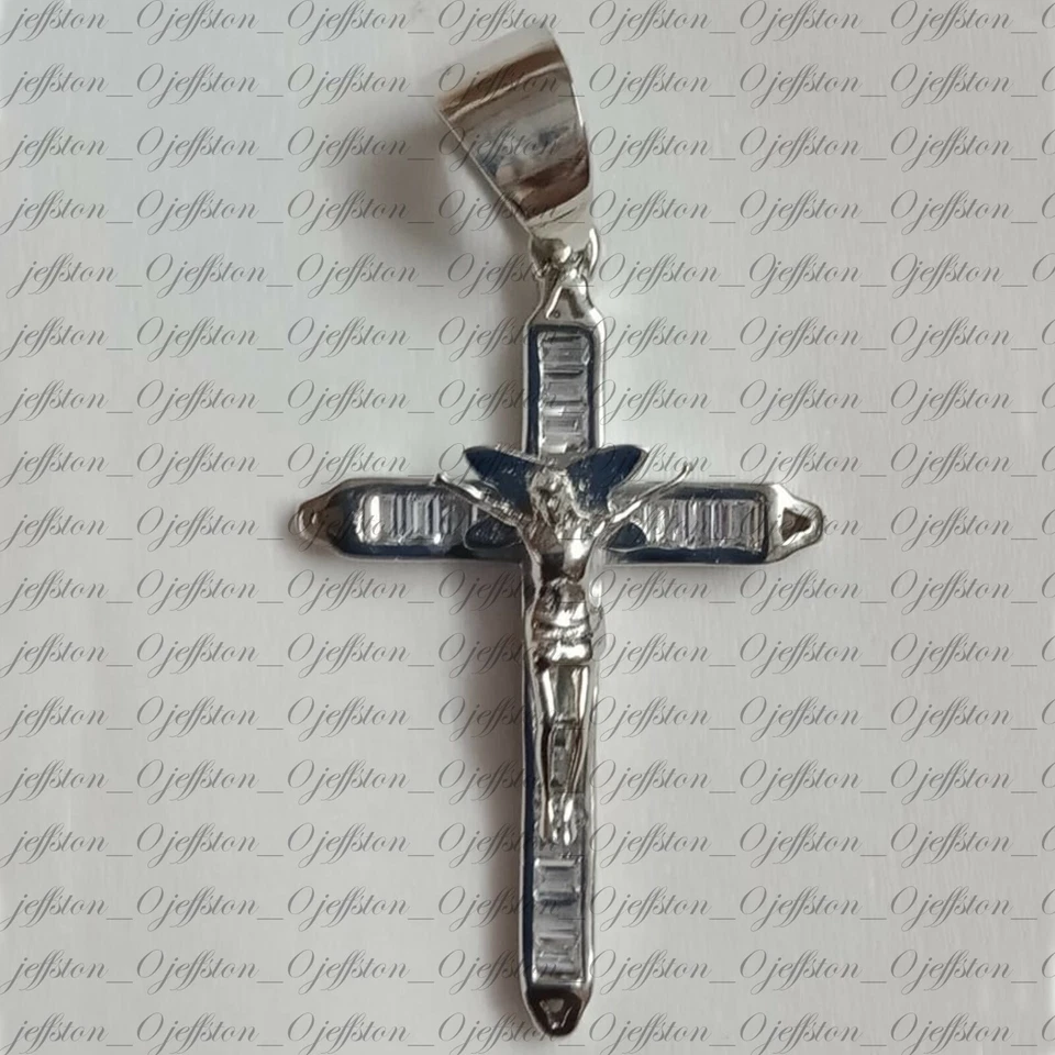 0.80 ct Baguette Moissanite 14K White Gold Plated Jesus Religious Cross Pendant - Image 2 of 4