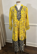 Handmade Indian Traditional Yellow Kurti Embroidered Ethnic Top Large Party EUC