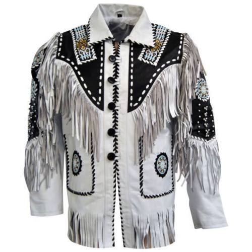 New Men White Cow Leather Western Cowboy Jacket With Fringe Mens fringe