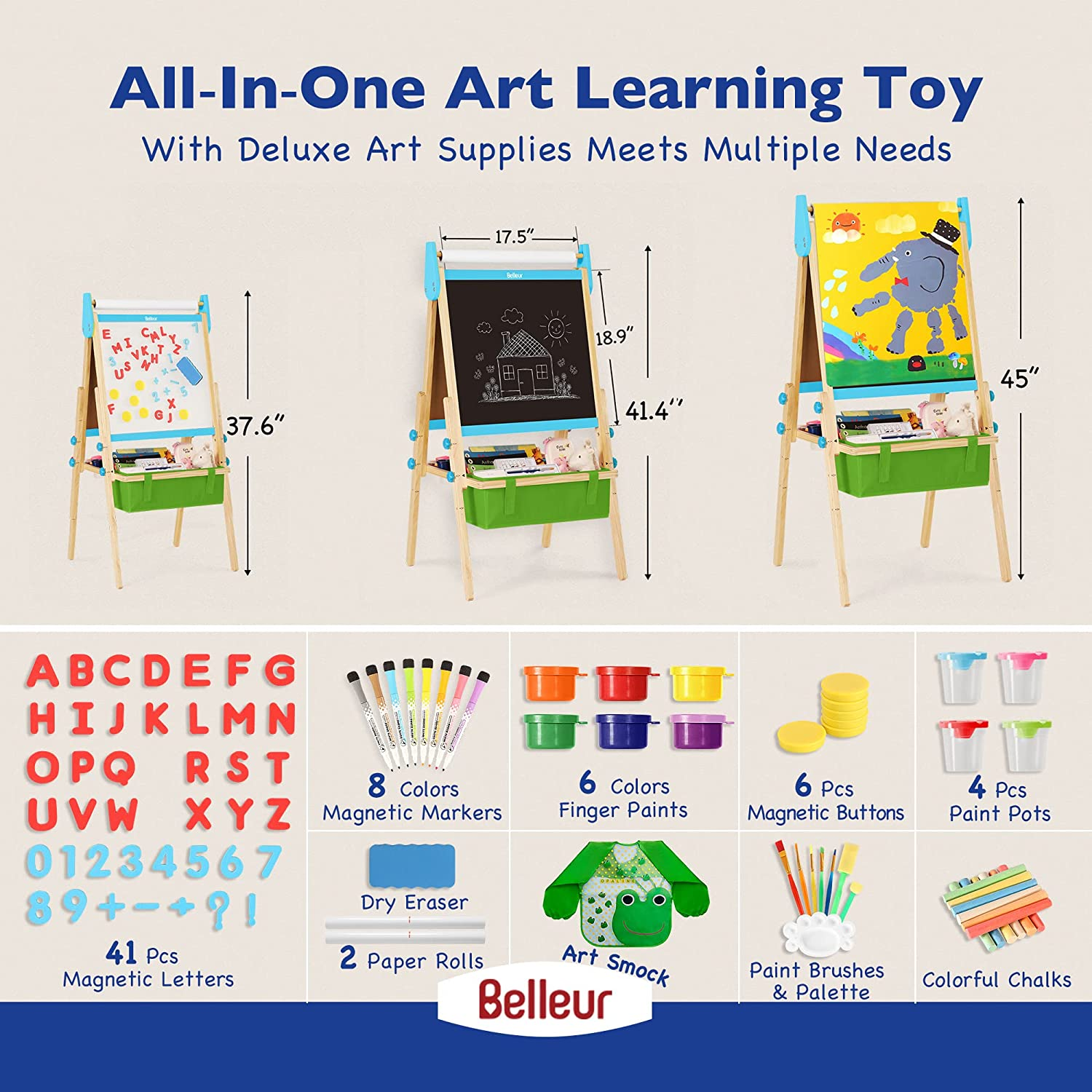 Belleur Kids' Easel with Paper Roll, Standing Easel with Magnetic Dual